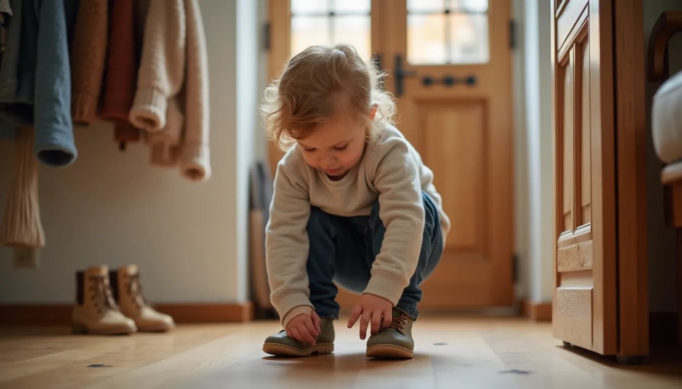 Child confidently putting on shoes independently