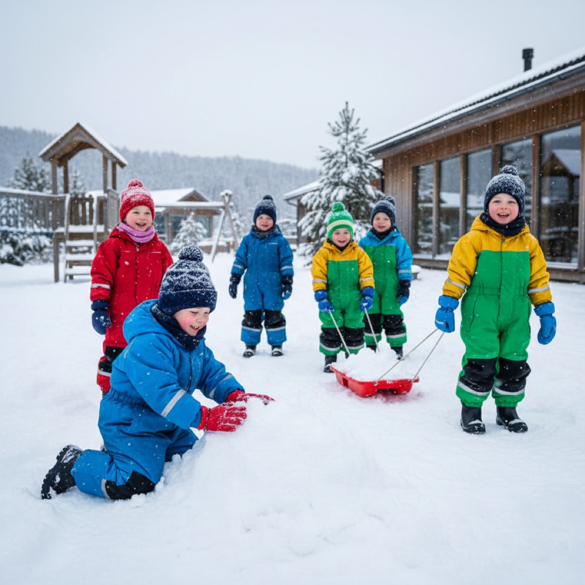 Children playing outdoors at Norwegian barnehage