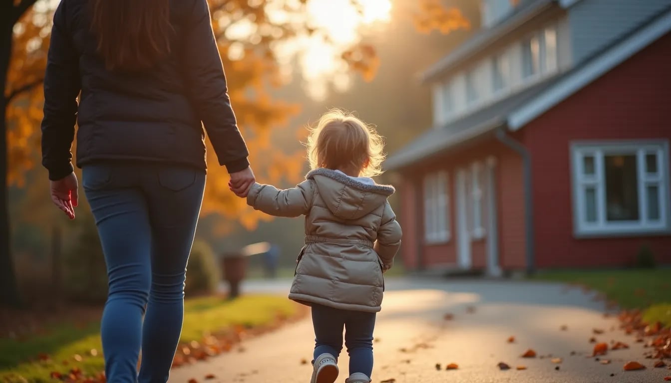 Tender moment of parent letting child walk forward independently